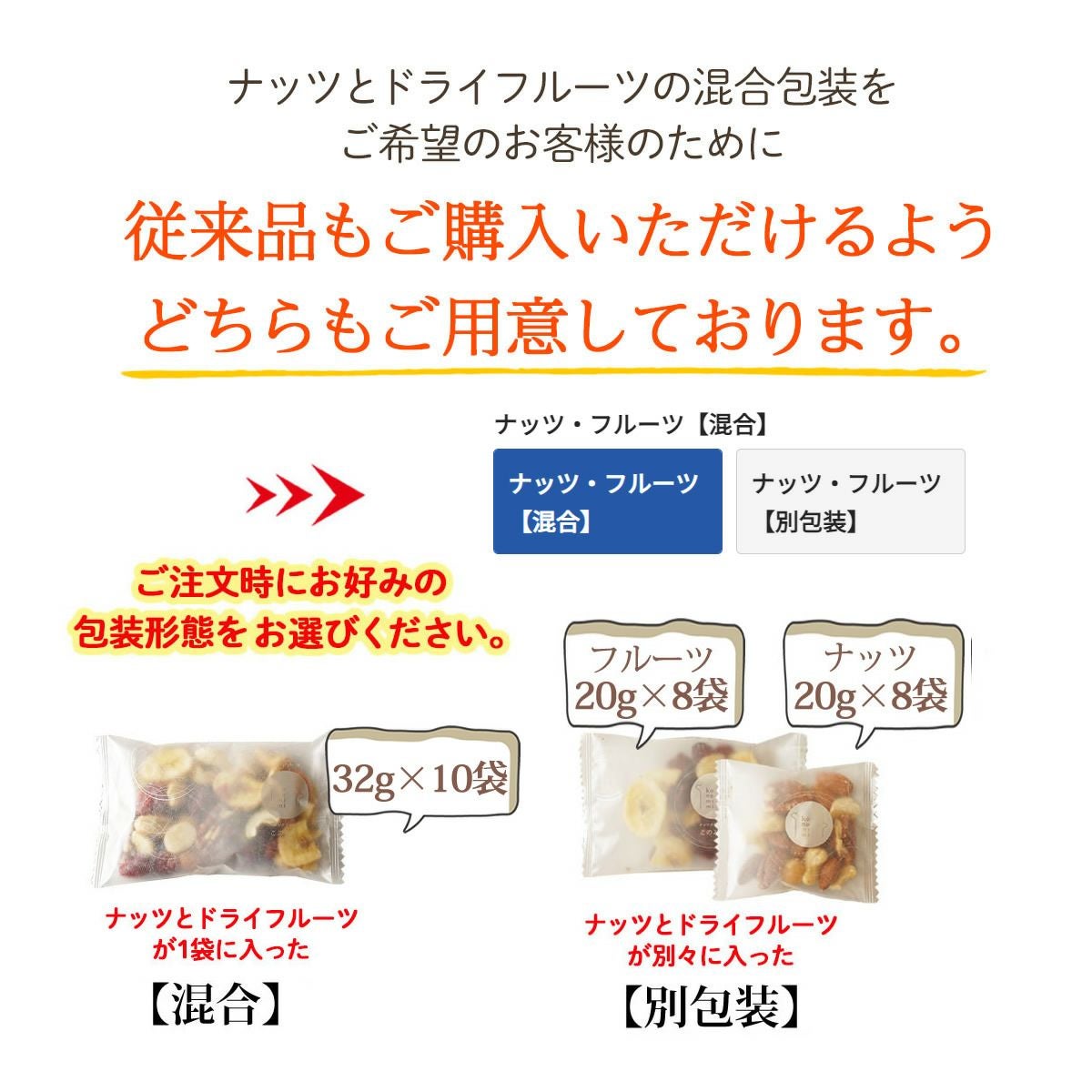 個包装の形態（混合・別包装）が選べる【健やか6種 トレイルミックス