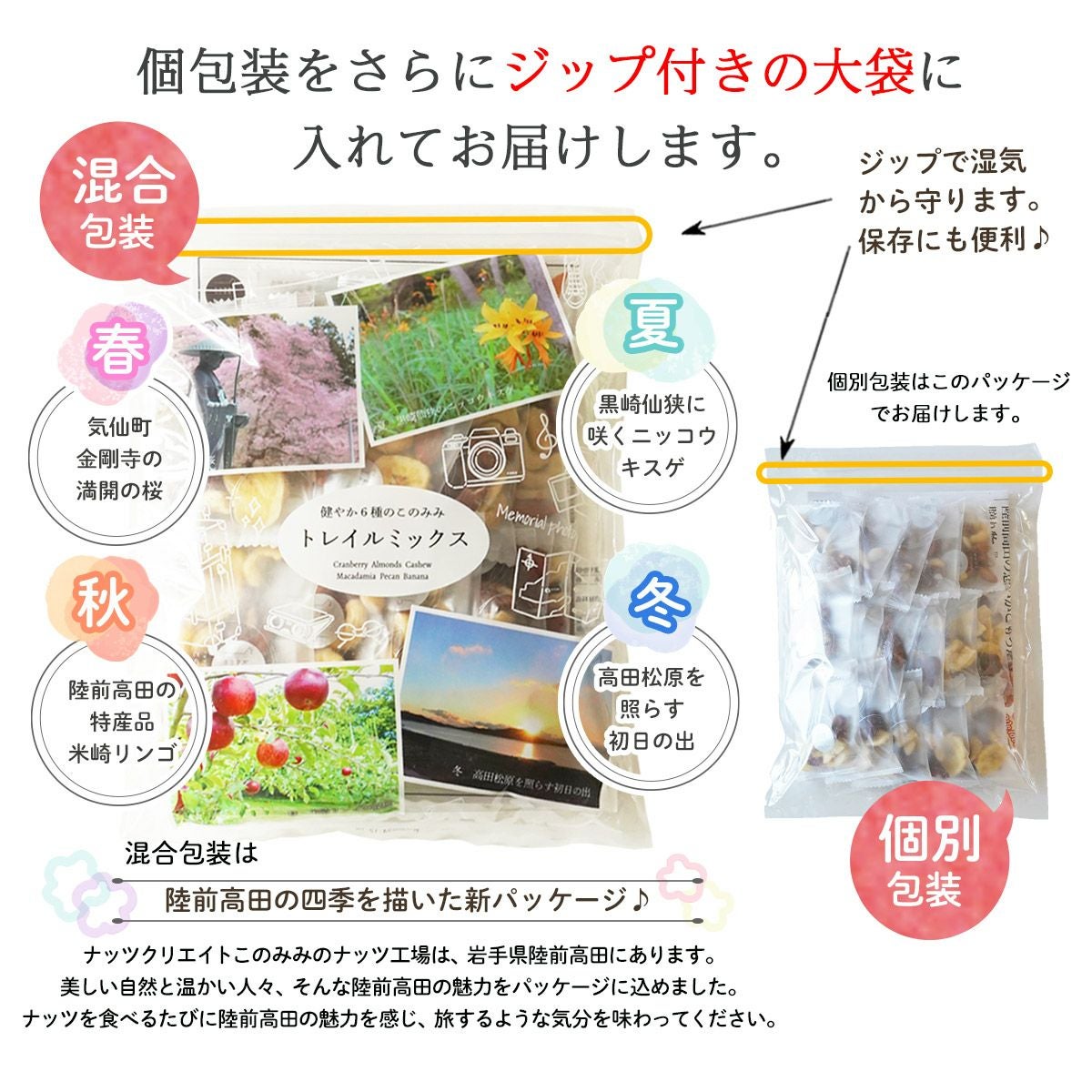 個包装の形態（混合・別包装）が選べる【健やか6種 トレイルミックス